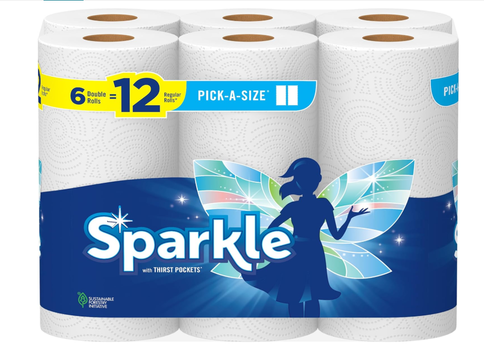 Sparkle Pick-A-Size Paper Towels, 6 Double Rolls (660 Sheets Total) - Strong 2-Ply Towels for Kitchen Cleanup and Everyday Messes